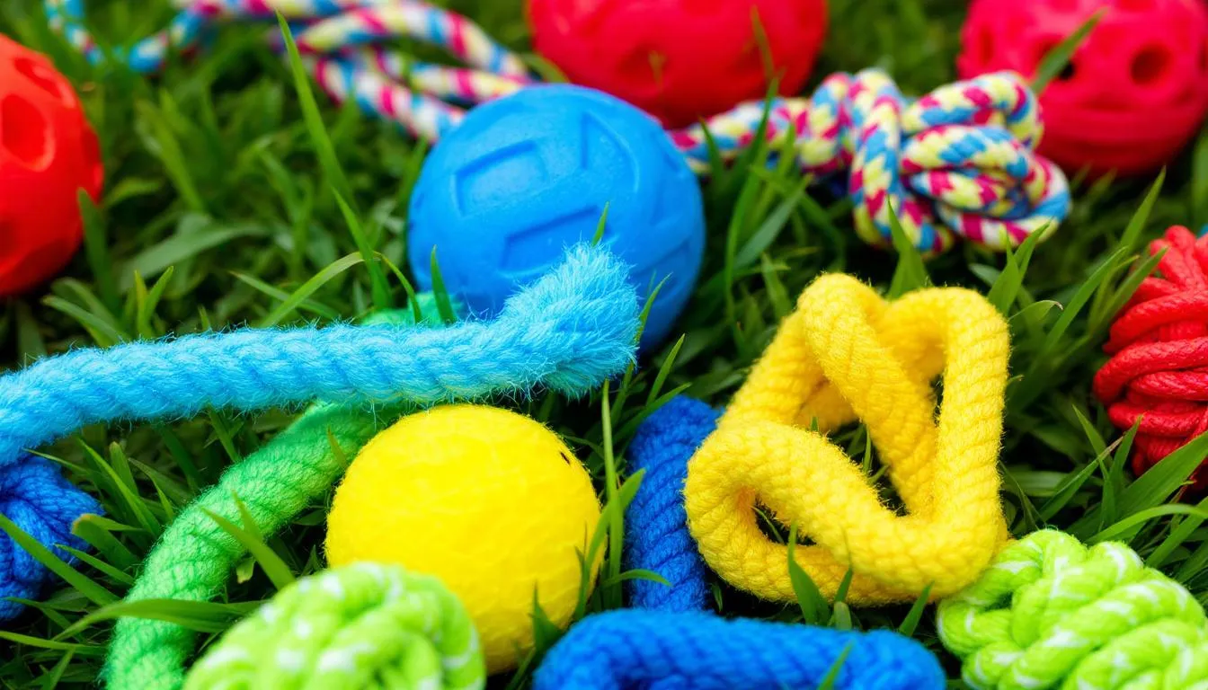 A vibrant collection of dog toys is displayed on lush green grass, featuring red, blue, yellow, and green balls alongside rope toys. While dogs may be color blind and see a limited spectrum compared to humans, they can still enjoy playing with these colorful toys, particularly discerning blue and yellow hues.