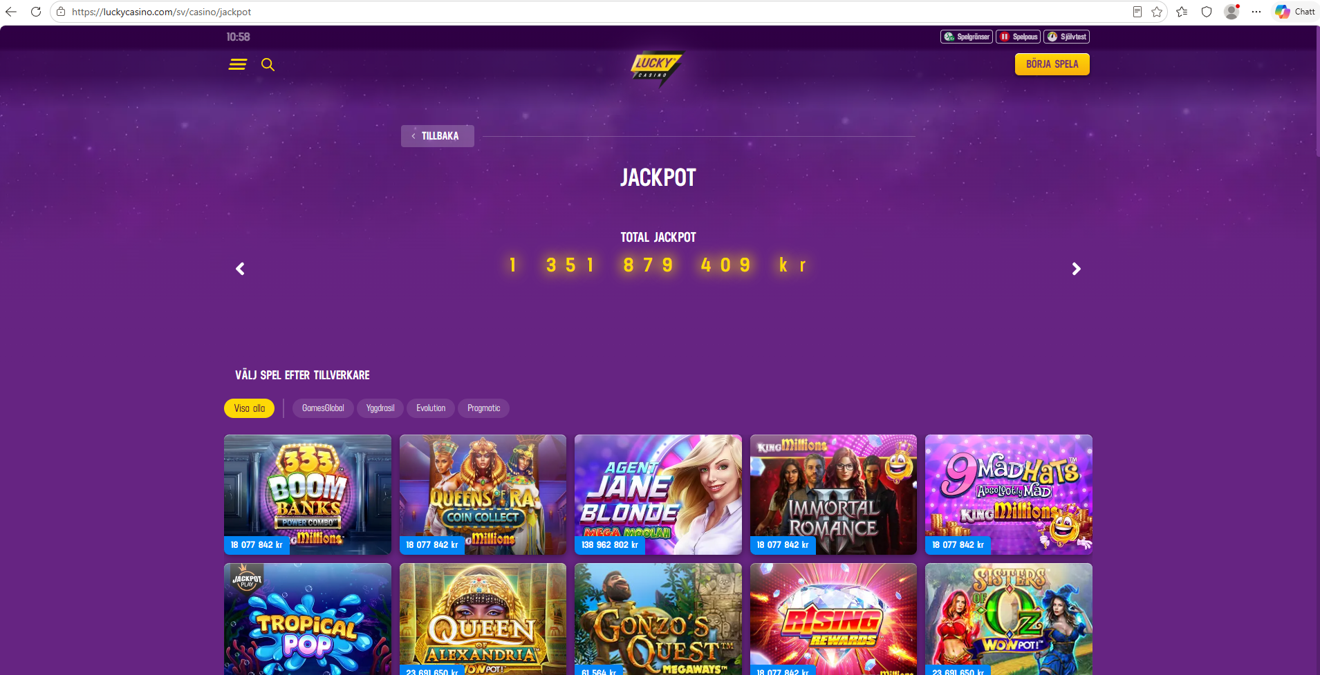 Lucky Casinos startsida för jackpottspel med olika spelutbud.