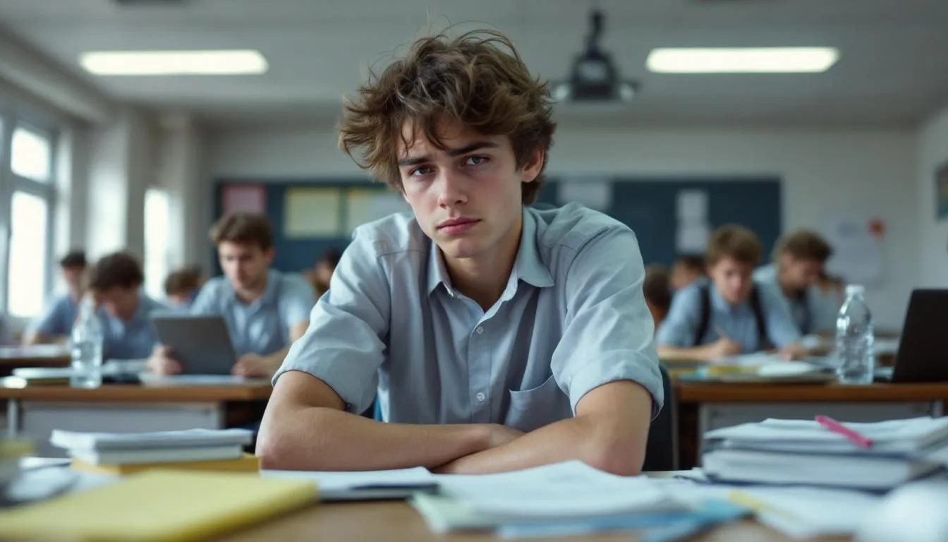 Das Bild zeigt eine besorgte Schülerin, die an ihrem Schreibtisch sitzt und über ihren Schulunterlagen brütet, während sie von verschiedenen Stressfaktoren umgeben ist. Diese Darstellung thematisiert die psychische Gesundheit von Schülern und die Herausforderungen, die mit Stress und Belastungen im Schulalltag verbunden sind.
