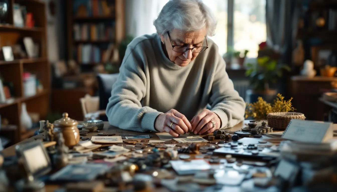 An elderly person is seen organizing a variety of collectibles and vintage items on a table, preparing them for online selling. This scene illustrates the importance of retirement planning and managing possessions, while showcasing the connection between age and the process of turning hobbies into a business.