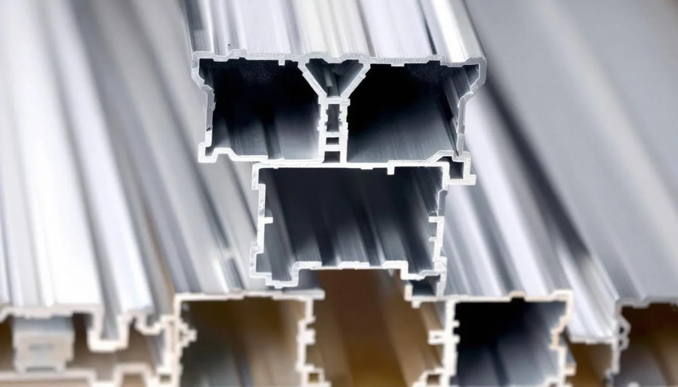 Close-up van aluminium profielen met thermische onderbreking, die een slanke en naadloze verbinding tonen. Deze profielen zijn ontworpen voor energie-efficiëntie en bieden uitstekende thermische isolatie, waardoor ze ideaal zijn voor aluminium schuifpuien en kozijnen in zowel particuliere woningen als comfortabele appartementen.