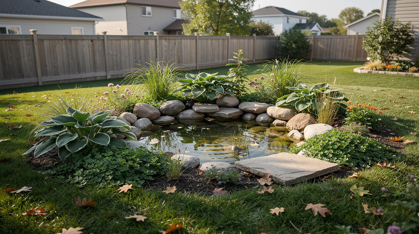 The image depicts a suburban backyard garden in Ontario featuring a small pond bordered by rocks and low plants, creating an inviting habitat for common snakes, such as the non-venomous eastern milksnake. The serene setting highlights the vital role of these native species in the local ecosystem, where they can often be observed in wetlands and near water sources.