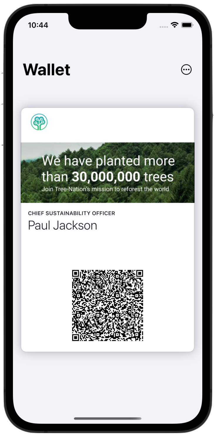 Digital business card in apple wallet showing tree-nation's sustainable card.