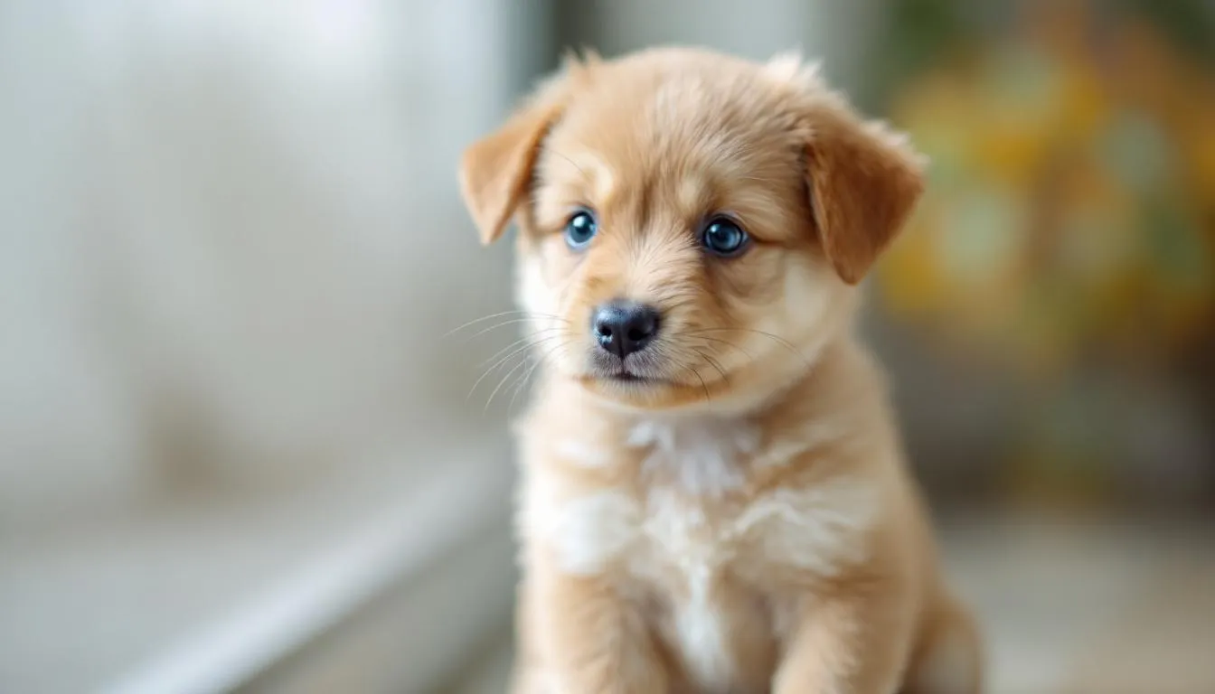 An adorable puppy is sitting with its chest visibly moving as it experiences hiccups, showcasing the dog