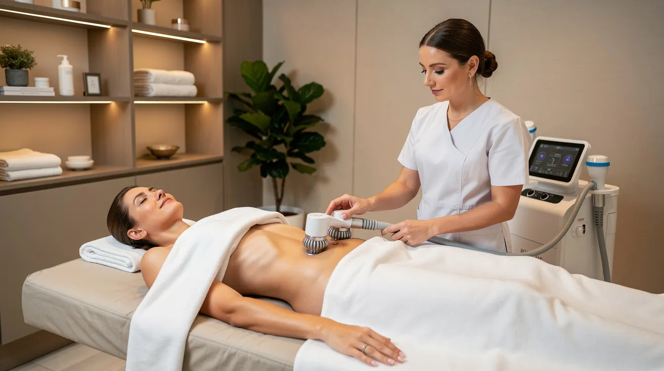 The image depicts a serene treatment room where an adult is comfortably lying down during a non-invasive body contouring session, aimed at reducing stubborn fat cells. The environment is calm and inviting, emphasizing the relaxing nature of non-surgical fat reduction treatments.
