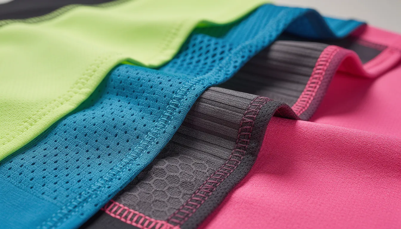 The image features a close-up view of colorful synthetic athletic wear fabrics, highlighting various textures and weaves of nylon and polyester fabrics. The display showcases the silky feel and moisture-wicking properties of these synthetic textiles, emphasizing their abrasion resistance and quick-drying capabilities, ideal for high-performance outdoor gear.