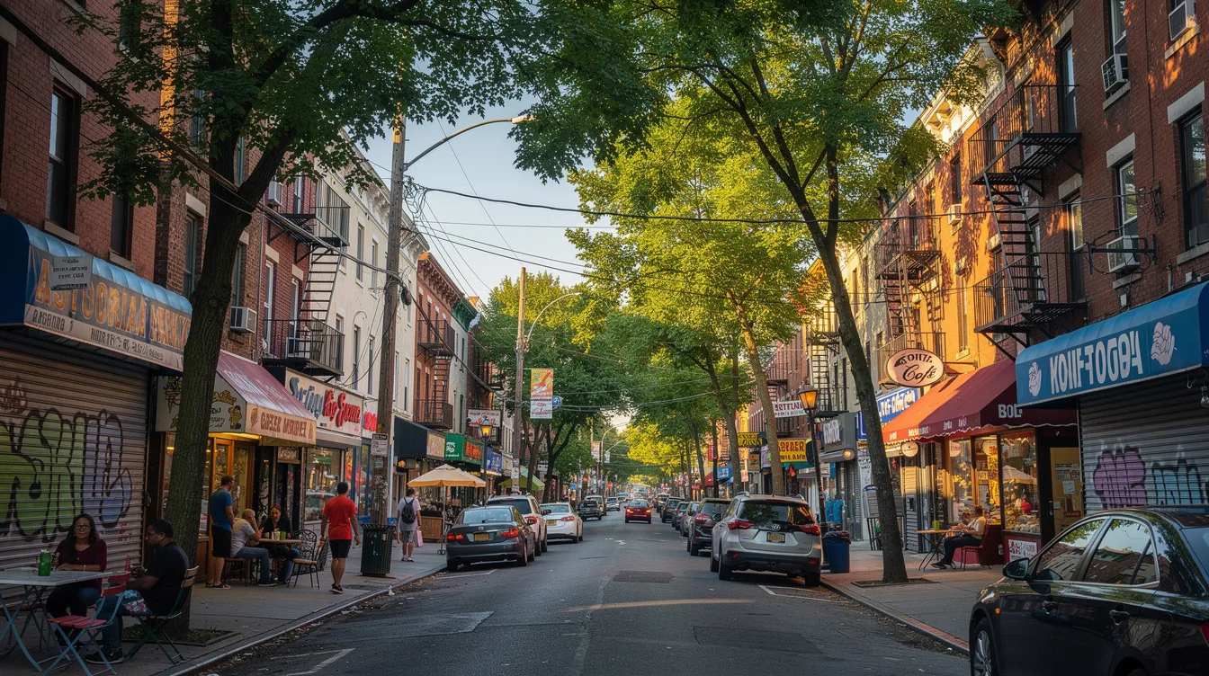 A vibrant street scene in Astoria, Queens showcases tree-lined sidewalks bustling with local storefronts, creating a lively atmosphere. The image reflects the essence of community life in this astoria location, where beauty and natural charm come together.