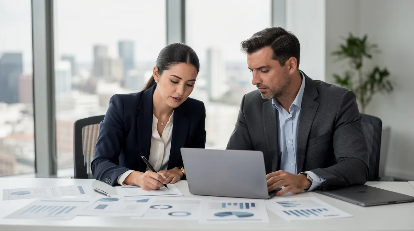 The image shows two business professionals, a man and a woman, collaborating over documents at a sleek modern office desk. They appear focused and engaged in discussion, highlighting the importance of financial planning and business strategies, possibly related to 中小企業融資 or 商業貸款.