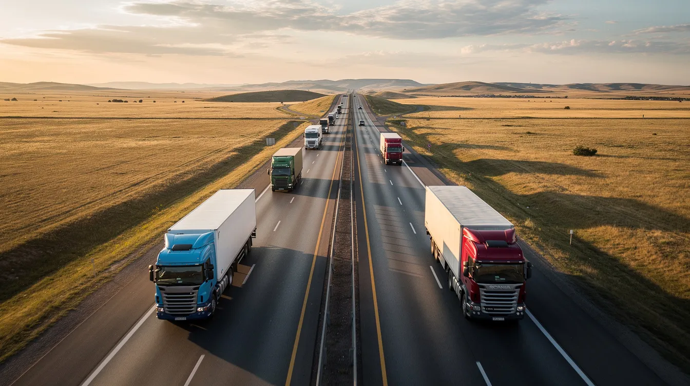 The image depicts a highway scene featuring multiple commercial trucks traveling through a vast open landscape, showcasing the efficiency of auto transport companies in moving vehicles across long distances. This view highlights the reliability of car shipping services as these trucks navigate the road, emphasizing the importance of dependable vehicle transport in the auto transport industry.