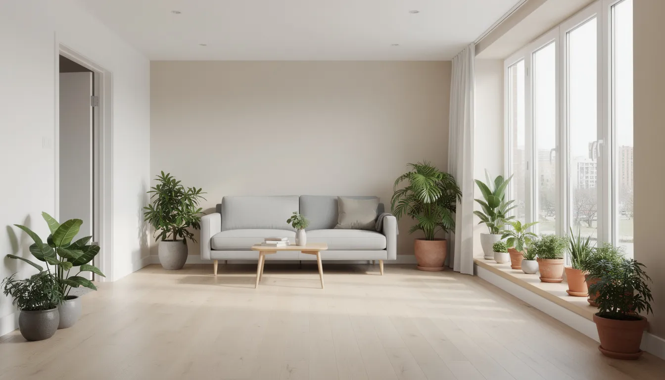 Jasny, uporządkowany salon z dużymi oknami, wypełniony roślinami doniczkowymi, tworzy przytulną atmosferę. To idealna przestrzeń w trzypokojowym mieszkaniu na sprzedaż w prestiżowej dzielnicy Warszawy, Żoliborz.