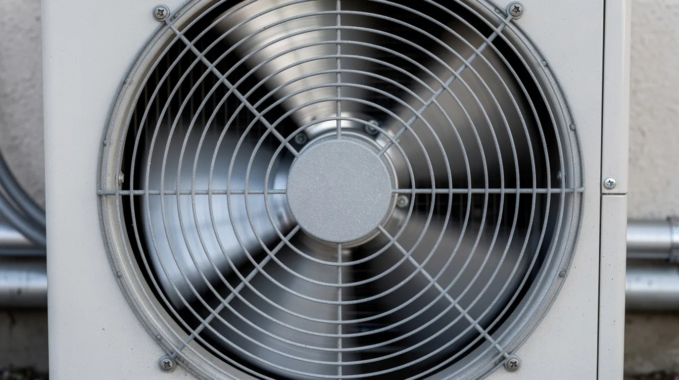 A close-up view of a large outdoor condenser unit fan is seen spinning behind a protective metal grille, showcasing a key component of a central air conditioning system. This outdoor unit is essential for the cooling process, efficiently circulating air to maintain a comfortable temperature indoors.