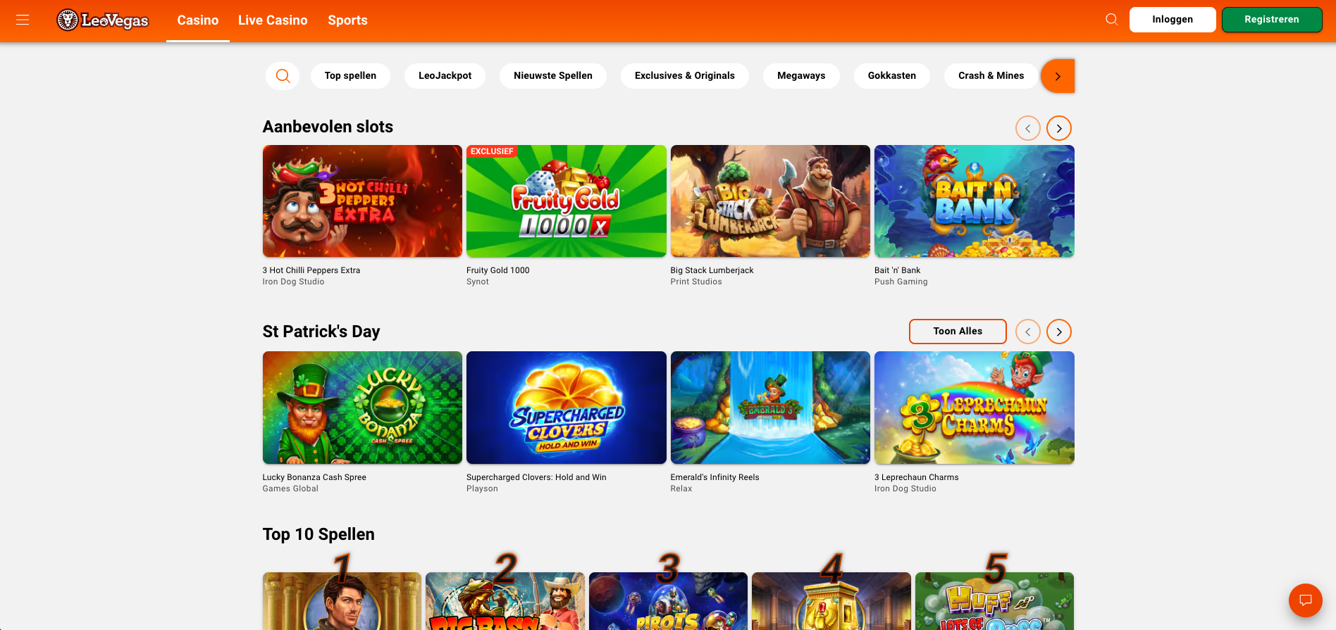 Overzicht van online slots bij LeoVegas casino, met populaire gokkasten en themaspellen zoals St Patrick’s Day slots, onderdeel van het online casino aanbod met slots, jackpotspellen en tafelspellen zoals roulette en blackjack voor Nederlandse spelers.