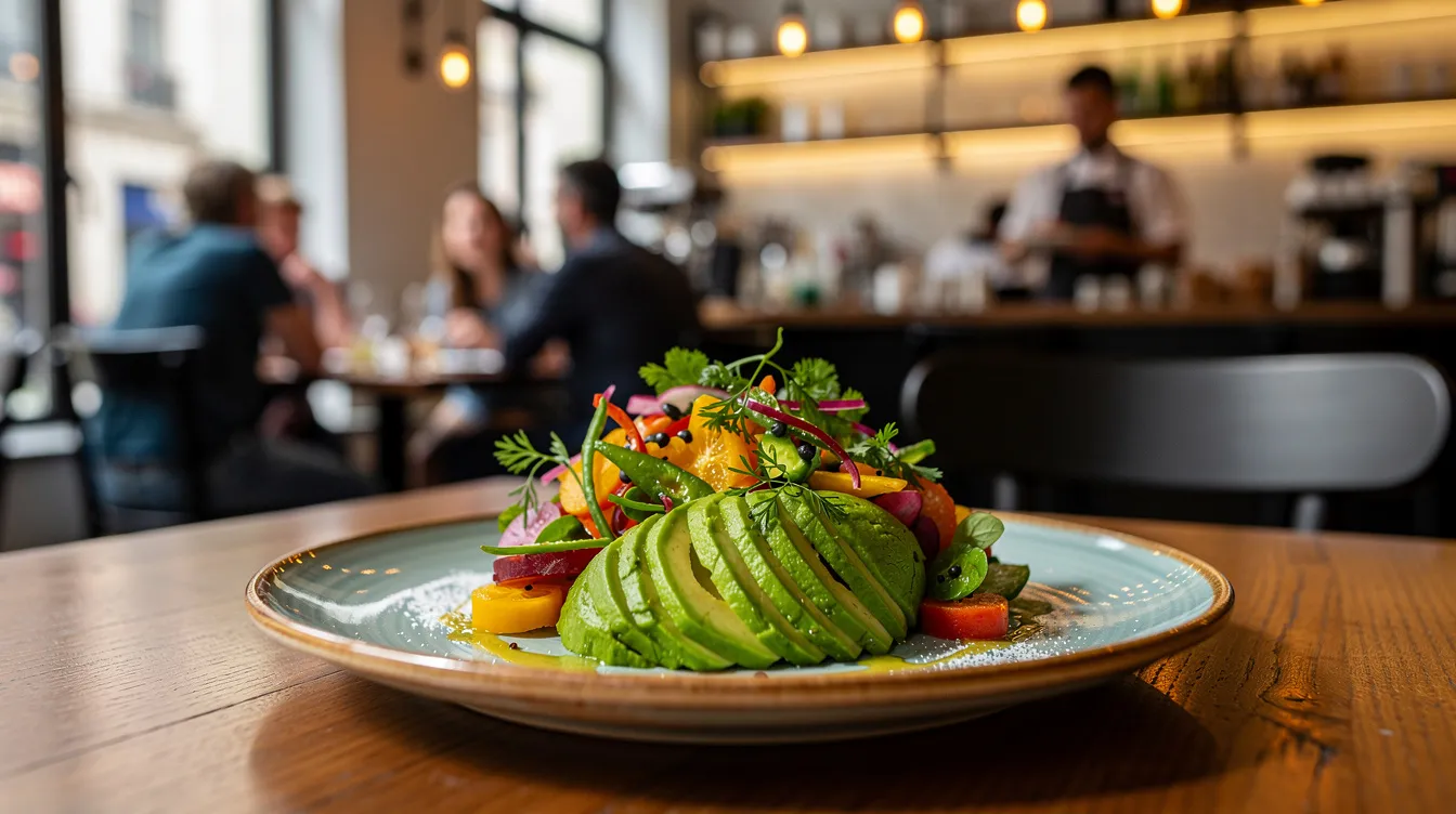 Een kleurrijk restaurantgerecht met avocado is prachtig gepresenteerd op een houten tafel in een druk café. Dit visueel aantrekkelijke gerecht weerspiegelt de originele creativiteit van de culinaire wereld en kan mensen inspireren om nieuwe smaken te ontdekken.