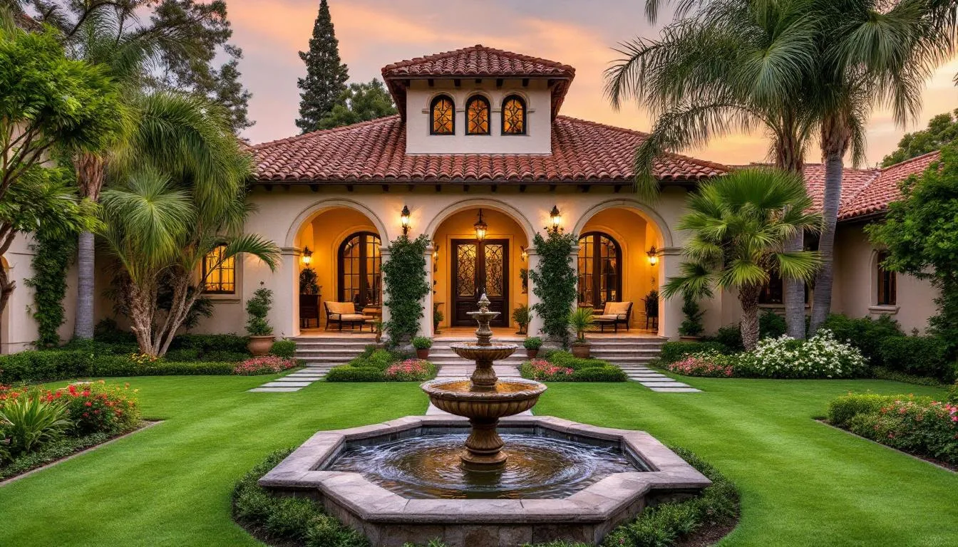 This image features a luxurious Spanish-style home in Santa Barbara, characterized by its distinctive red tile roof and beautifully manicured gardens, reflecting the region's architectural charm. Ideal for prospective properties consumers, this elegant property exemplifies the allure of Santa Barbara homes.