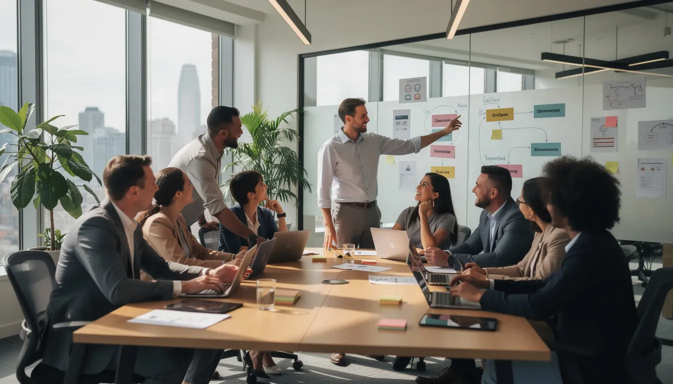 A diverse team of engaged employees collaborates in a modern workplace, brainstorming innovative solutions that reflect a strong company culture and prioritize employee engagement. Their interaction highlights the positive impact of teamwork on organizational success and employee satisfaction.