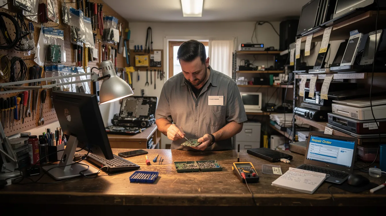 The image depicts an entrepreneur standing at the counter of a small repair shop, actively engaged in work. The setting reflects a typical small business environment, where the owner may be considering options for financial assistance, such as a mudra loan, to support their entrepreneurial activities.