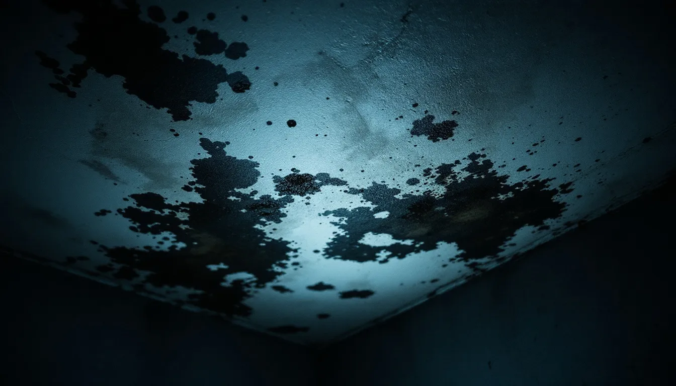 Water-damaged ceiling with visible stains that may indicate mold growth.