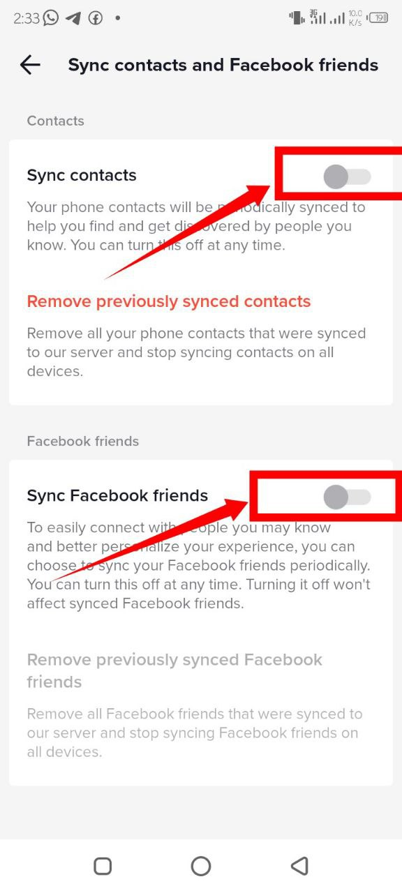 Screenshot indicating where to click to eithe sync contacts or facebook friends