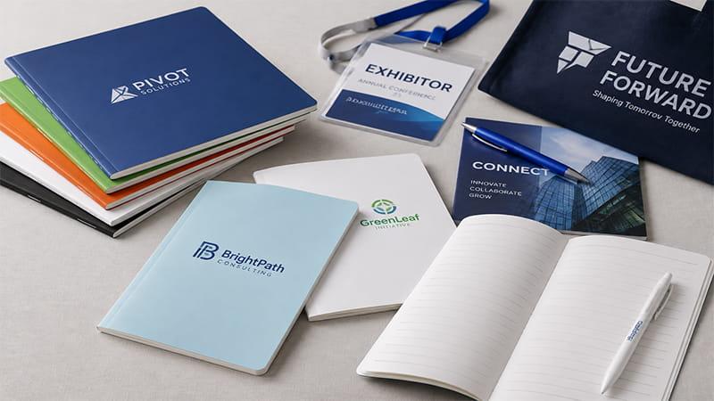Custom softcover A5 notebooks in multiple colors for events and promotions