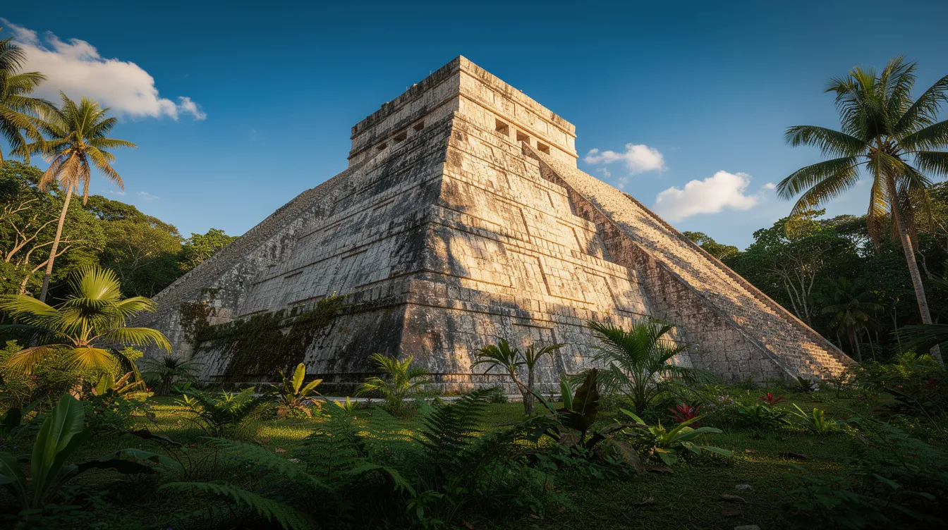 A imagem mostra uma antiga pirâmide maia, cercada por densa vegetação verde, sob um céu azul claro. Este sítio arqueológico, que remete à rica cultura do México, se destaca em meio à natureza exuberante da região.