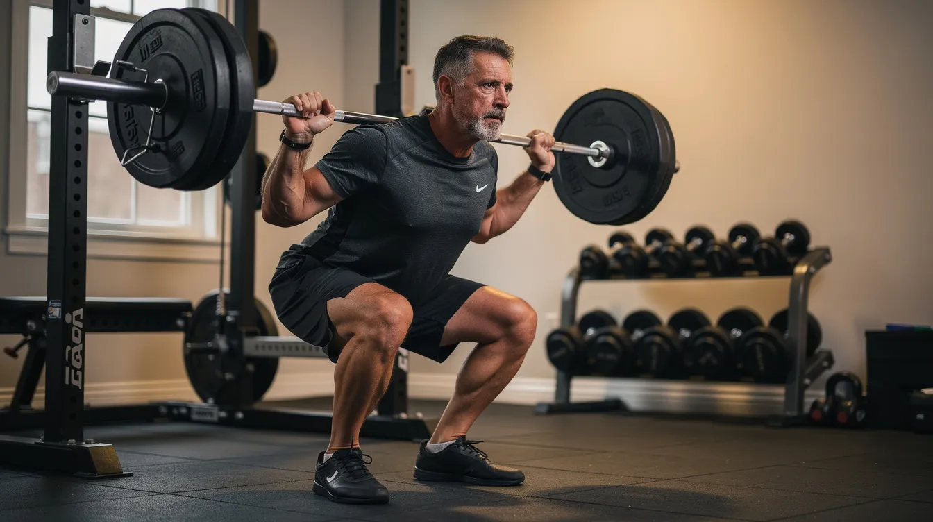 The image depicts a fit man in his fifties performing a barbell squat in a home gym, showcasing his commitment to maintaining muscle mass and promoting healthy hormone levels. His focused expression reflects the importance of physical performance and a healthy lifestyle in combating age-related testosterone decline.