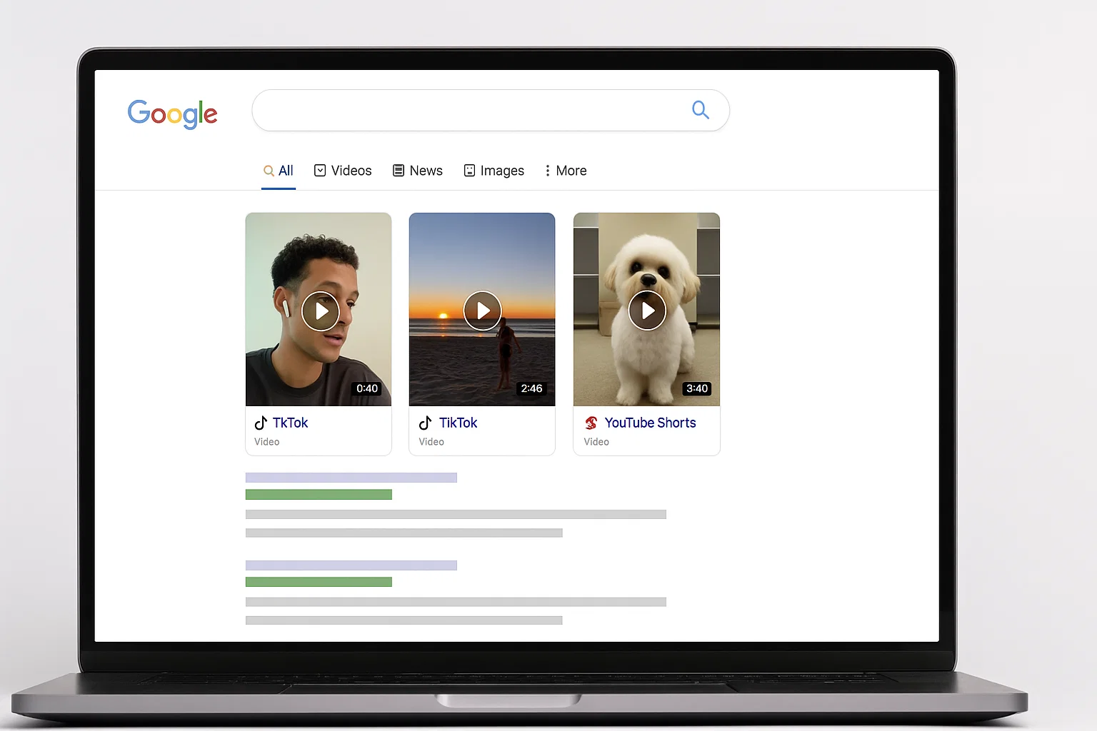 Google search results page showing short-form video previews alongside standard website links.