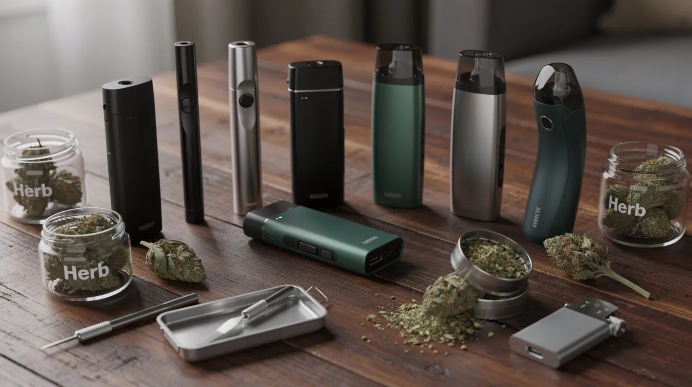 The image features a collection of portable dry herb vaporizers displayed on a wooden table, accompanied by various cannabis accessories. The scene highlights different models of portable vapes, showcasing their sleek designs and emphasizing the convenience of using the best portable vaporizers for a quality vaping experience.