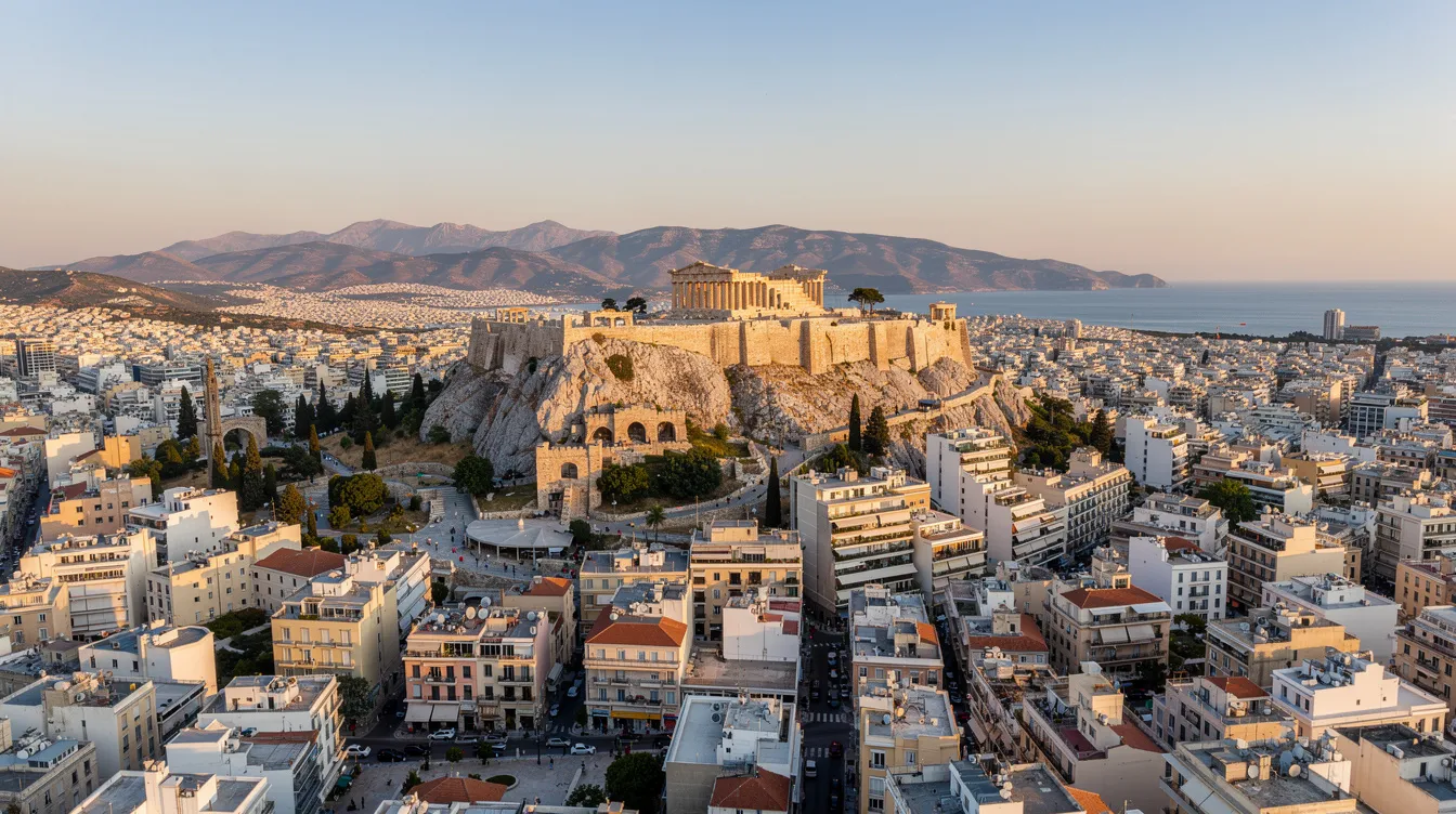 A imagem retrata o icônico Templo de Partenon em Atenas, Grécia, um dos mais importantes sítios arqueológicos da Grécia antiga, cercado por colunas clássicas e com um céu azul ao fundo. Este monumento é um símbolo da civilização grega e da história rica da cidade, atraindo viajantes de todo o mundo.