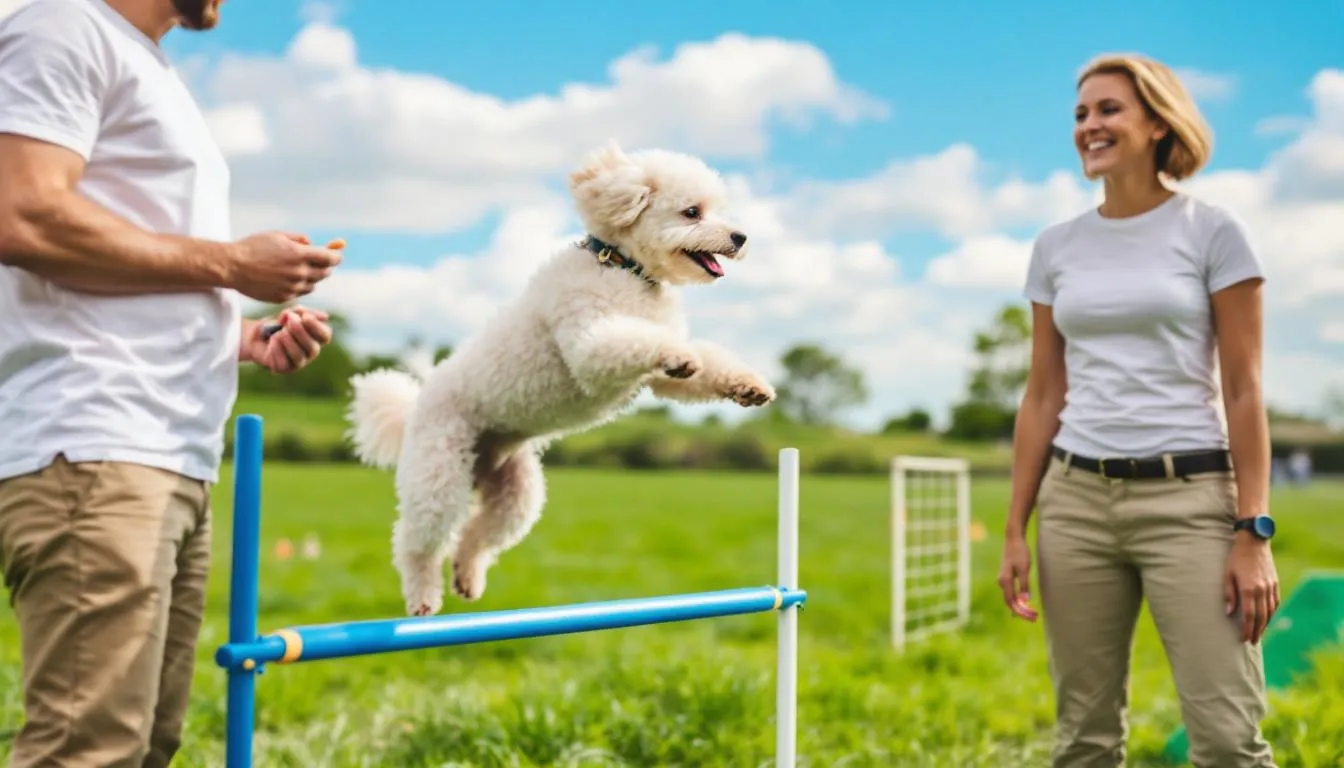 A miniature poodle is seen skillfully navigating an agility training course alongside its owner, showcasing its intelligence and agility. The scene highlights the bond between the active dog and its human, emphasizing the importance of dog training and mental stimulation for this popular dog breed.