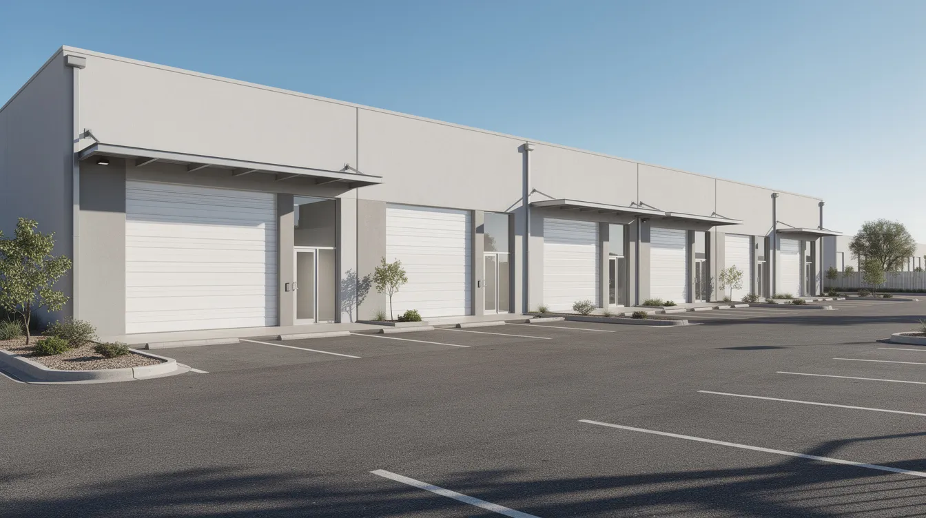 Exterior view of a low-rise industrial building with multiple roll-up doors, storefront-style entries, and front parking.