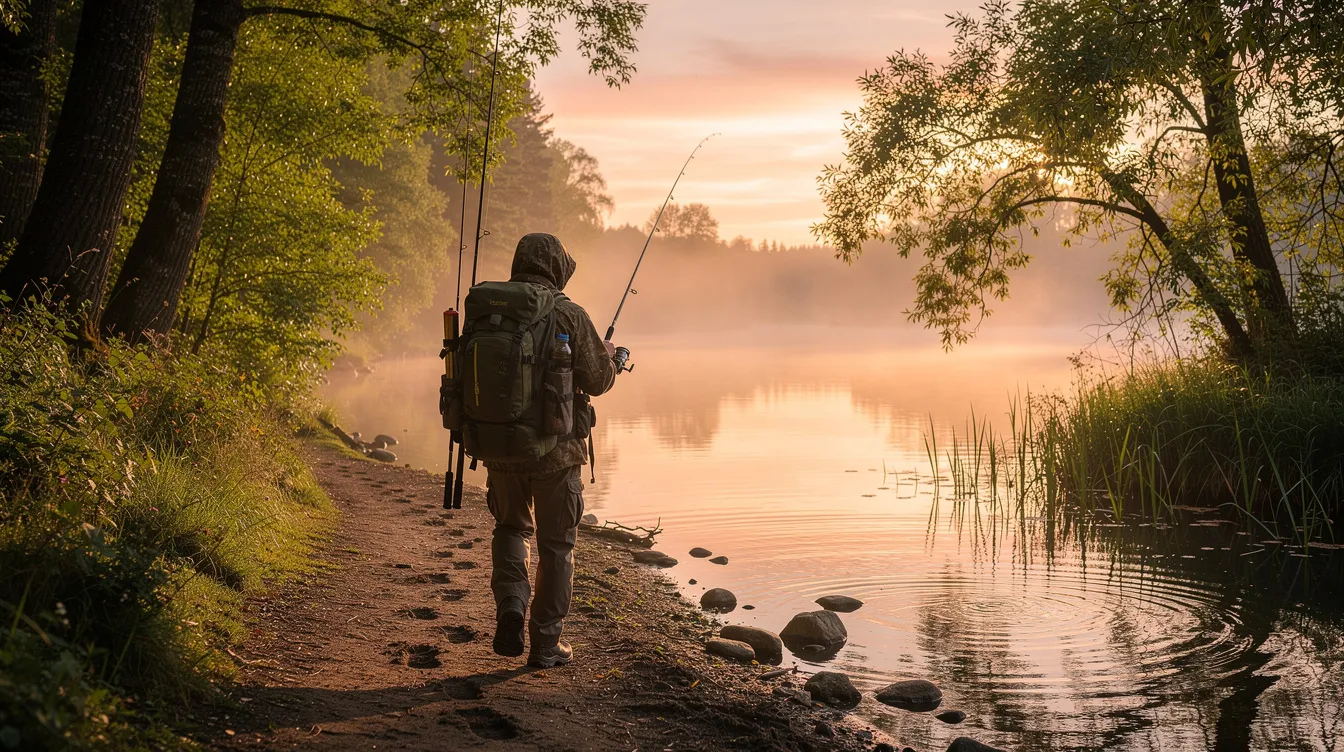 An angler walks along a serene, tree-lined lake shoreline at sunrise, carrying a durable fishing tackle backpack with two fishing rods secured to the sides. The backpack features rod holders for hands-free transport of fishing gear and accessories, ensuring day-long comfort as they prepare for a day of fishing.
