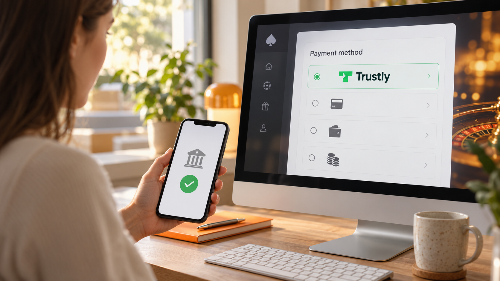 Trustly als geselecteerde betaalmethode op een computerscherm, naast een telefoon met een groen vinkje.