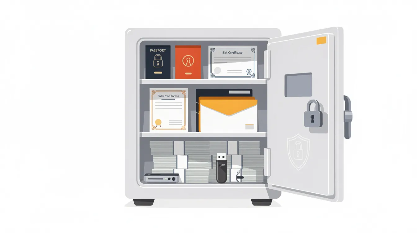 A home safe with important documents like birth certificates and passports stored securely inside.