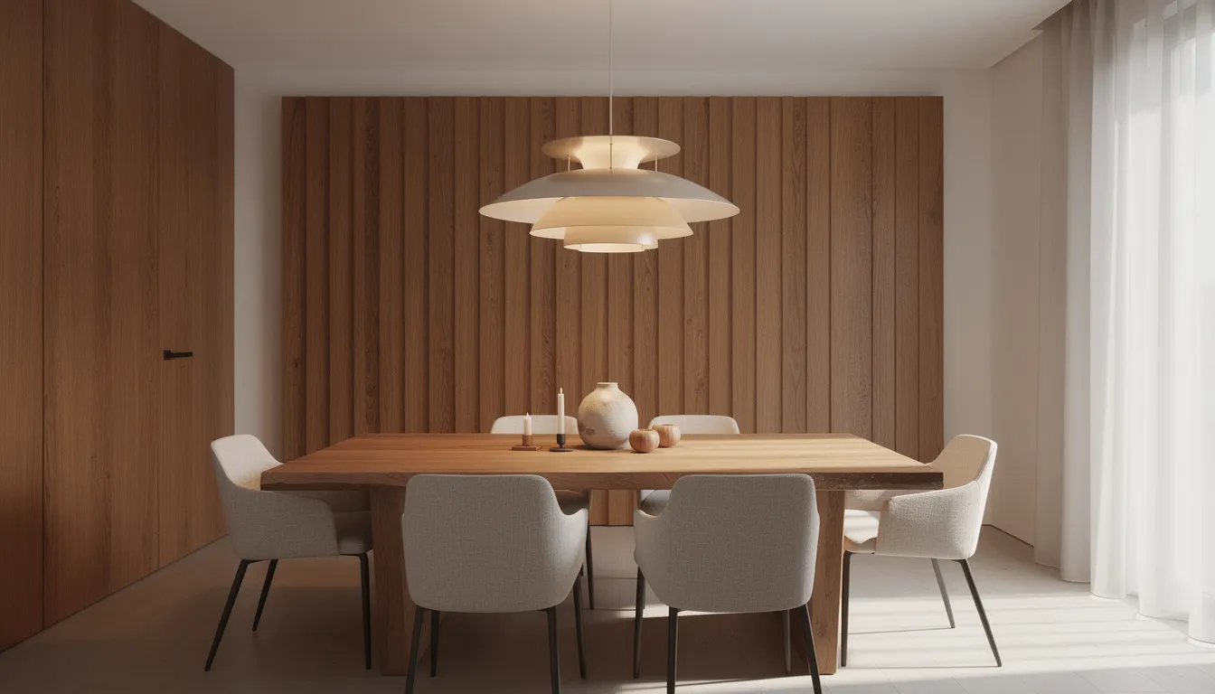 Een stijlvolle eetkamer met houten wandpanelen van Cando, waaronder een lattenwand in licht eiken, en een design hanglamp boven een massieve tafel, creëert een uitnodigende en rustige sfeer. De combinatie van de hoogwaardige wandbekleding en de verfijnde akoestiek draagt bij aan een warme uitstraling en pure klasse in de ruimte.