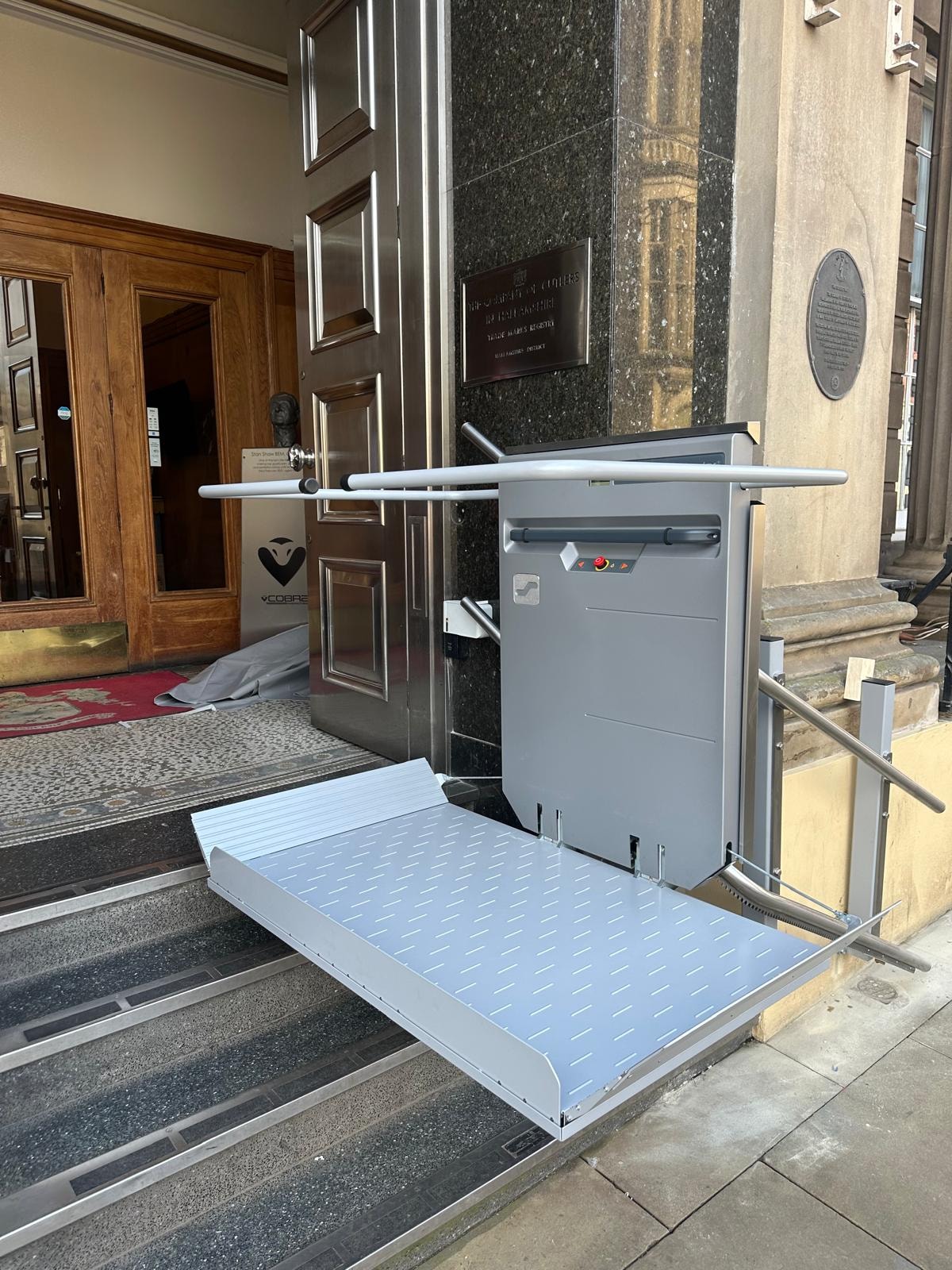 Different types of inclined stair lifts on various staircases.