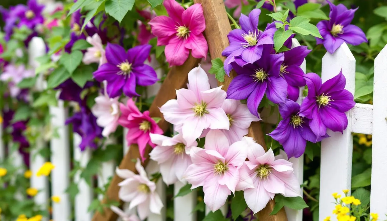 Das Bild zeigt bunte Clematis-Blüten, die an einem Garten-Treppchen emporranken. Die verschiedenen Clematis-Sorten in lebhaften Farben verleihen dem Garten eine beeindruckende Blütenpracht und zeigen die Schönheit dieser Kletterpflanzen.