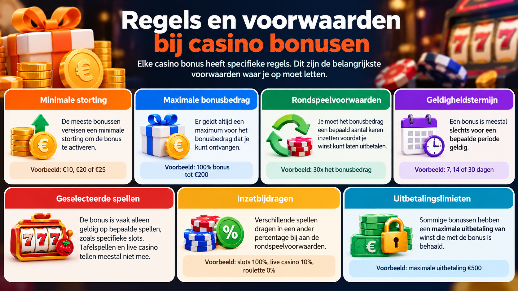 Infographic met belangrijke casino bonusvoorwaarden, waaronder minimale storting, rondspeelvoorwaarden en uitbetalingslimieten.