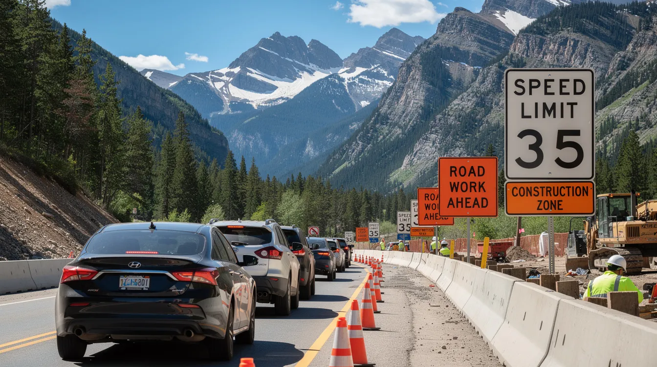 The image depicts several cars cautiously navigating through a construction zone on a Colorado mountain highway, adhering to reduced speed limit signs. The scene highlights the importance of safety in construction zones, where careful driving is essential to prevent accidents and ensure the safety of both drivers and construction workers.