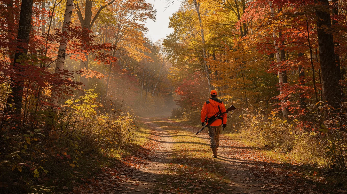 The image depicts a serene Wisconsin autumn landscape, featuring a wooded trail with vibrant fall foliage, where a hunter is walking with a rifle slung over his shoulder. This scene reflects the state's gun laws and the practice of hunting during the season, highlighting the connection between nature and responsible firearm use.