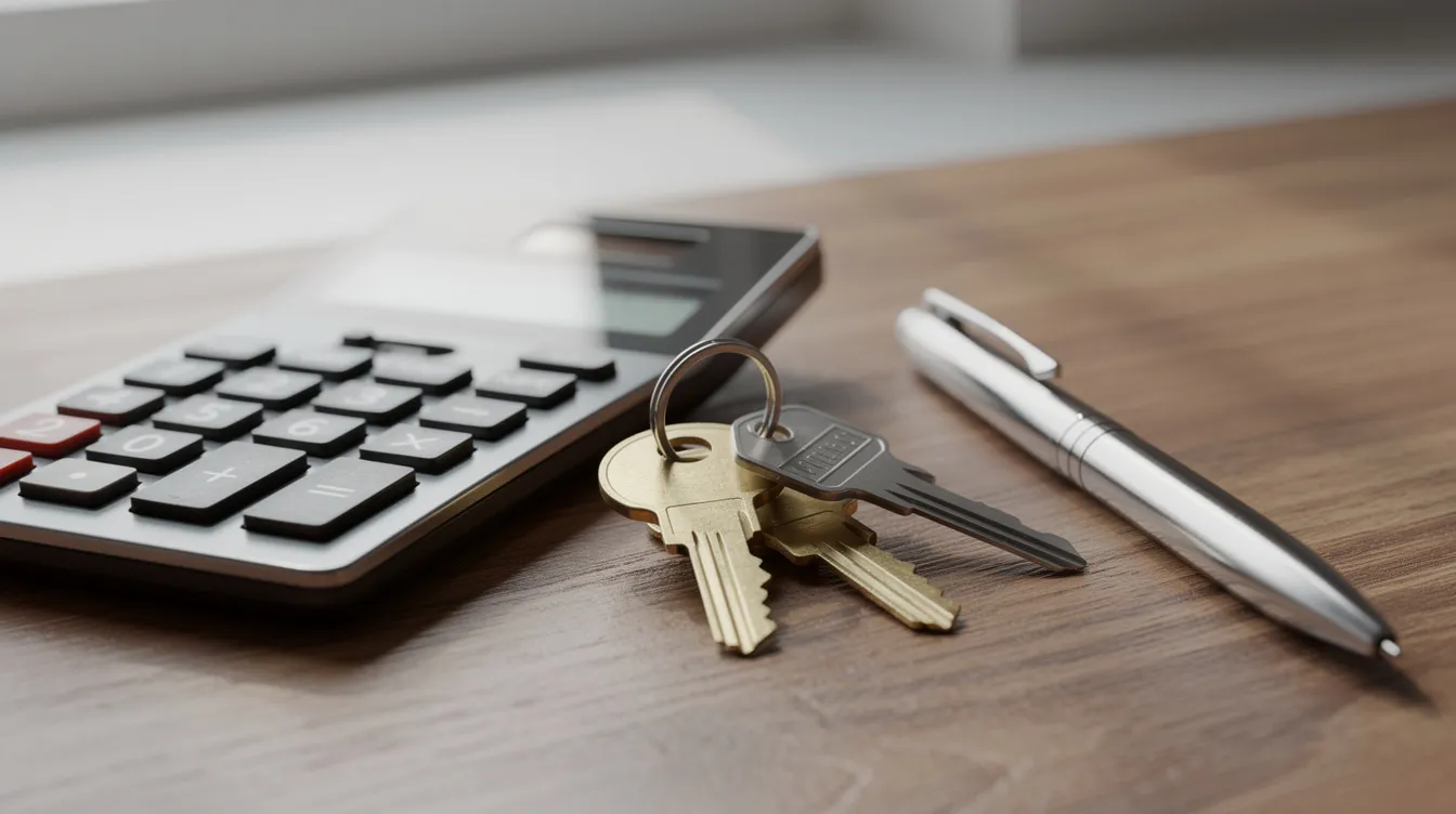 The image features a calculator, house keys, and a pen arranged neatly on a wooden desk, symbolizing the financial planning involved in real estate investments. This setup suggests considerations like monthly payments, home equity loans, and potential financing options for investment properties.