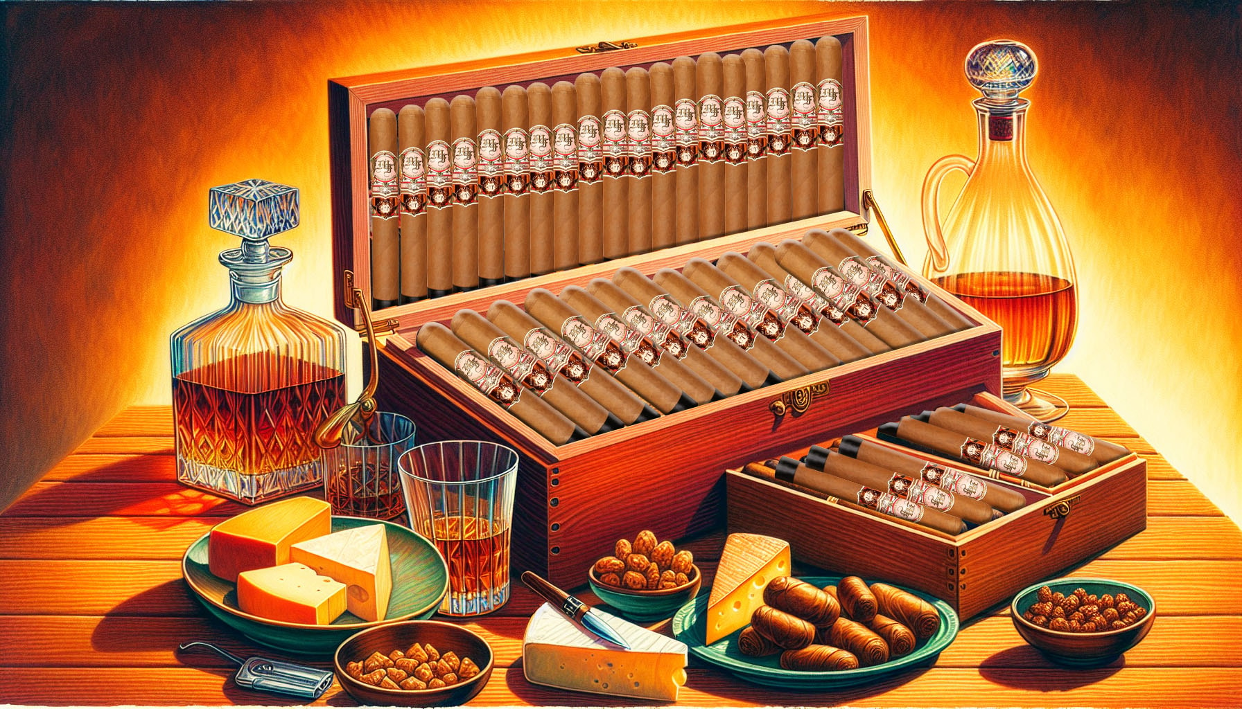 An illustration depicting how to enjoy My Father Connecticut cigars, including proper storage and pairing suggestions.