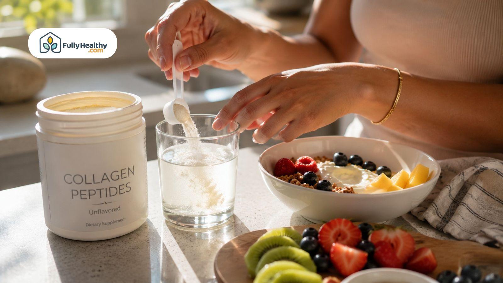 Mixing collagen powder into water beside healthy breakfast ingredients.