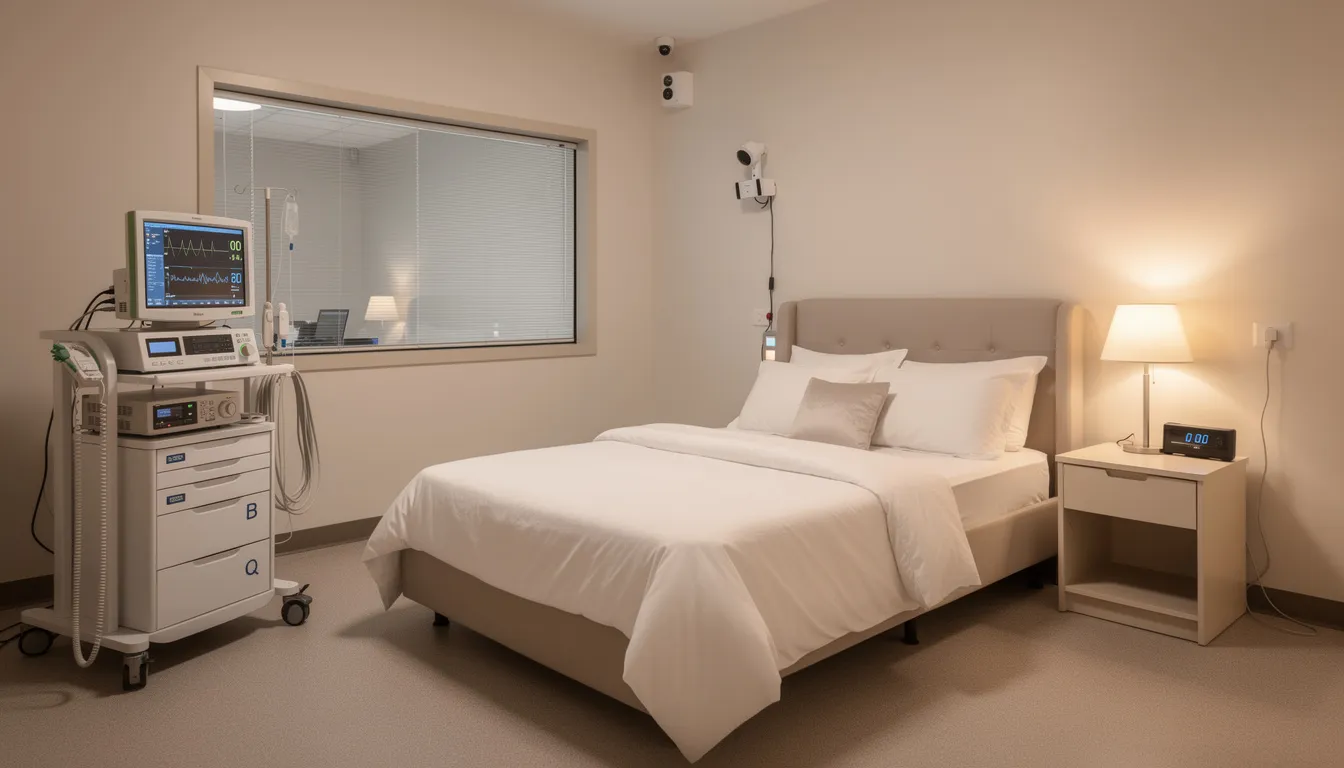 The image depicts a sleep study room equipped with various monitoring devices and a comfortable bed setup, designed to assess sleep patterns and diagnose sleep disorders such as insomnia and sleep apnea. This environment aims to promote restful sleep while collecting data on sleep habits and quality.