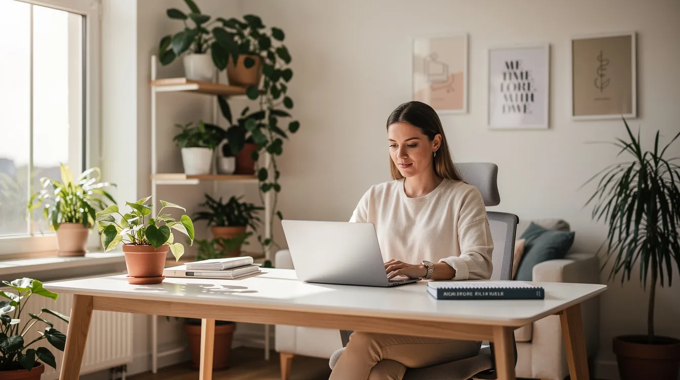 A professional coach is focused on their laptop in a bright home office filled with plants and bathed in natural light, exemplifying a productive coaching practice. This inviting space reflects their commitment to providing valuable coaching services and building relationships with potential clients.