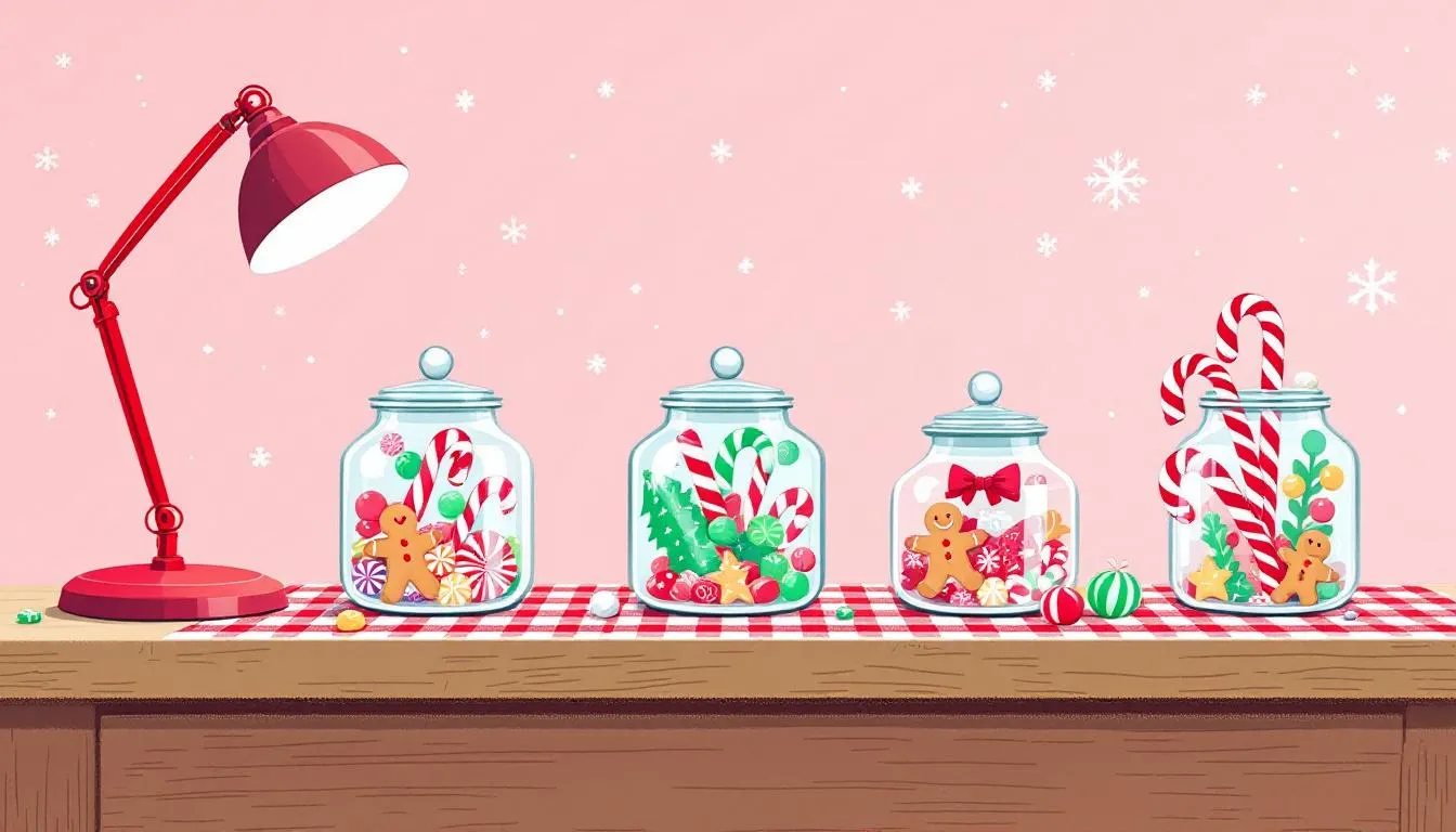 Candy cane desk decor featuring jars filled with candy canes and festive treats.