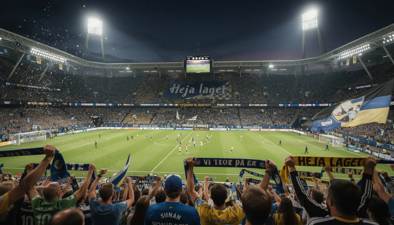 En fotbollsarena med fullsatt läktare under en kvällsmatch, där entusiastiska supportrar hejar på sina lag. Stämningen är elektrisk med ljudet av jubel och sång som ekar genom arenan.