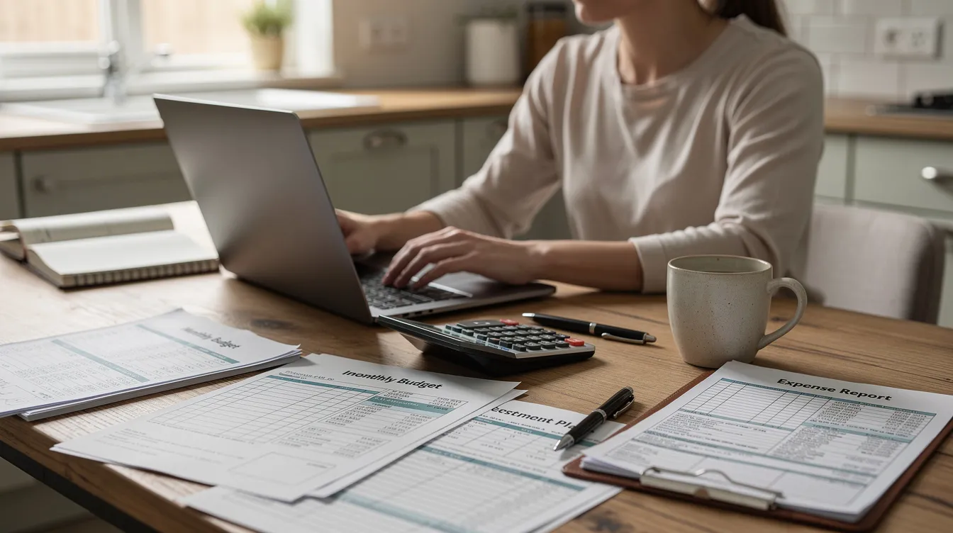 A person is seated at a kitchen table, focused on their laptop while surrounded by financial planning papers that include notes on home equity loans and monthly payments. The scene conveys a sense of organization and determination in managing their financial situation, potentially involving strategies like debt consolidation and exploring the best heloc rates.