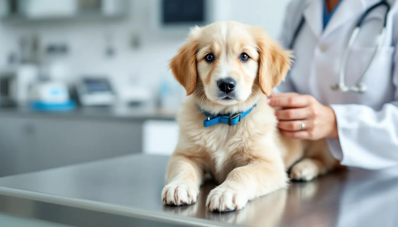 A mini goldendoodle puppy is being examined by a veterinarian, showcasing its playful and affectionate nature. The puppy, with its soft, non-shedding coat, is likely to be a perfect addition for families looking for a loyal and intelligent companion.