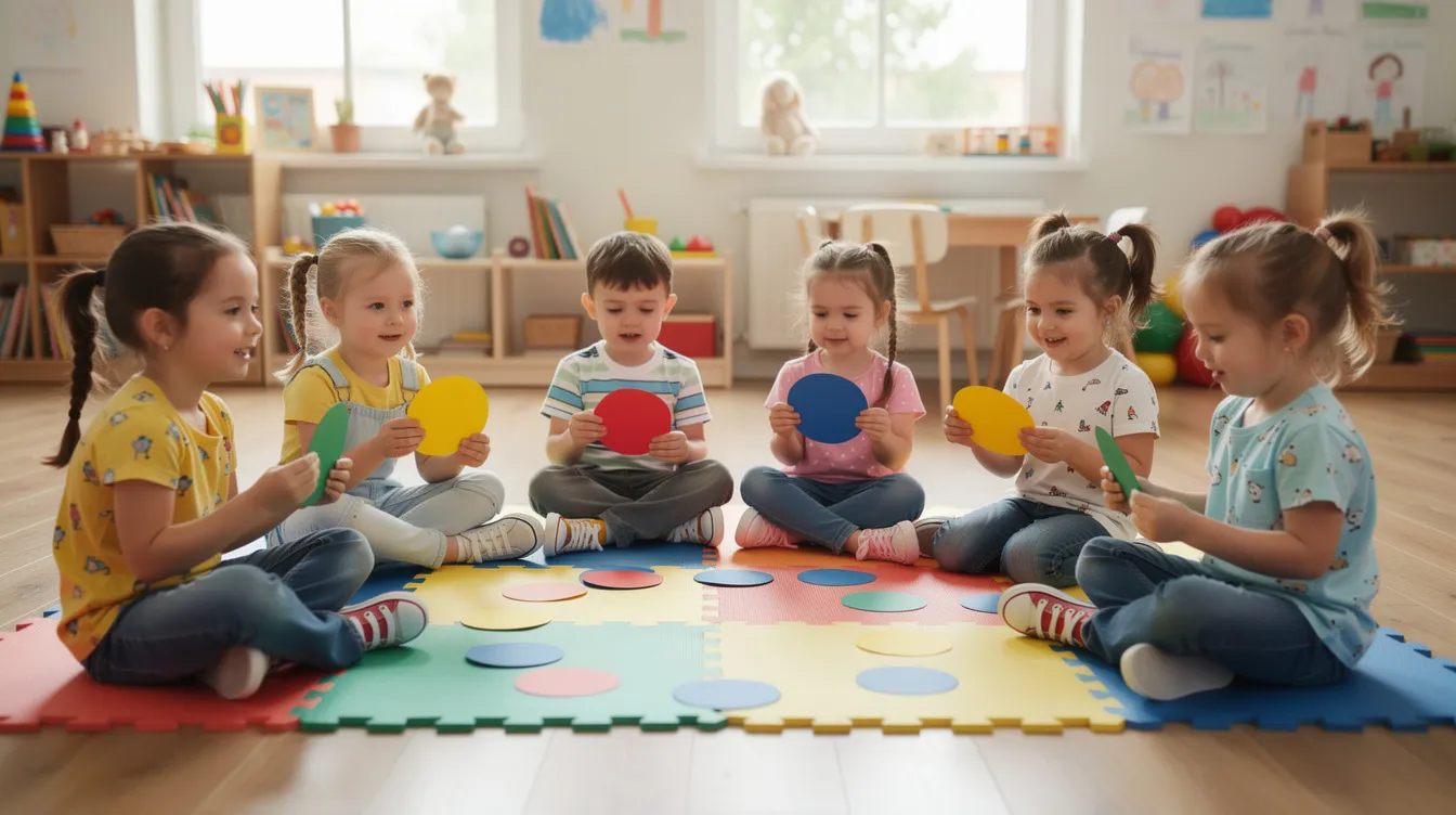 Na kolorowych matach w przedszkolu siedzą małe dzieci, trzymające papierowe kropki, które symbolizują kreatywność i radość z obchodów międzynarodowego dnia kropki. Dzieci bawią się, rysując i odkrywając swoje talenty, co stanowi doskonałą okazję do wspólnej zabawy i twórczego wyrażania siebie.