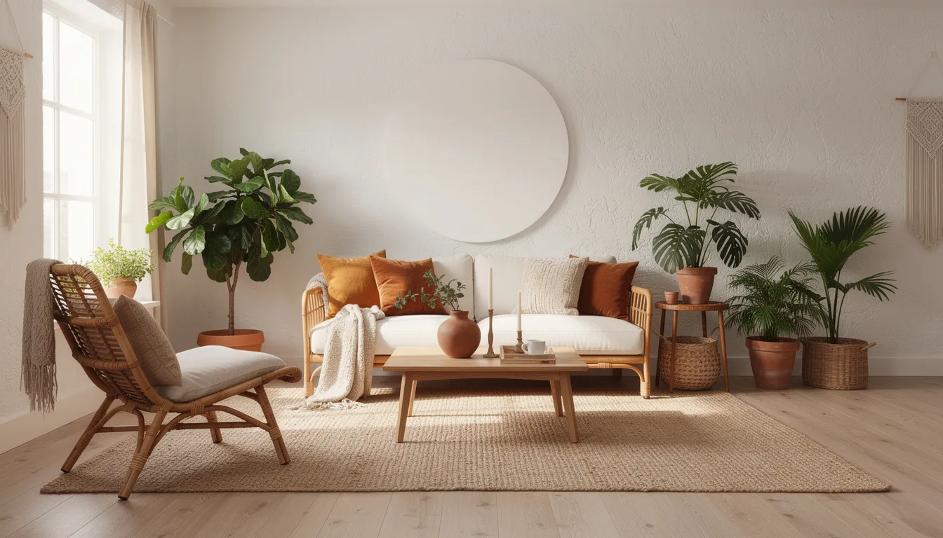 Een bohemian woonkamer met rotan meubels en weelderige planten, waarin een rond wit wandpaneel met prachtig houtsnijwerk aan de muur hangt. Deze wanddecoratie voegt een unieke charme toe aan het interieur en benadrukt de sfeervolle ambiance van het huis.